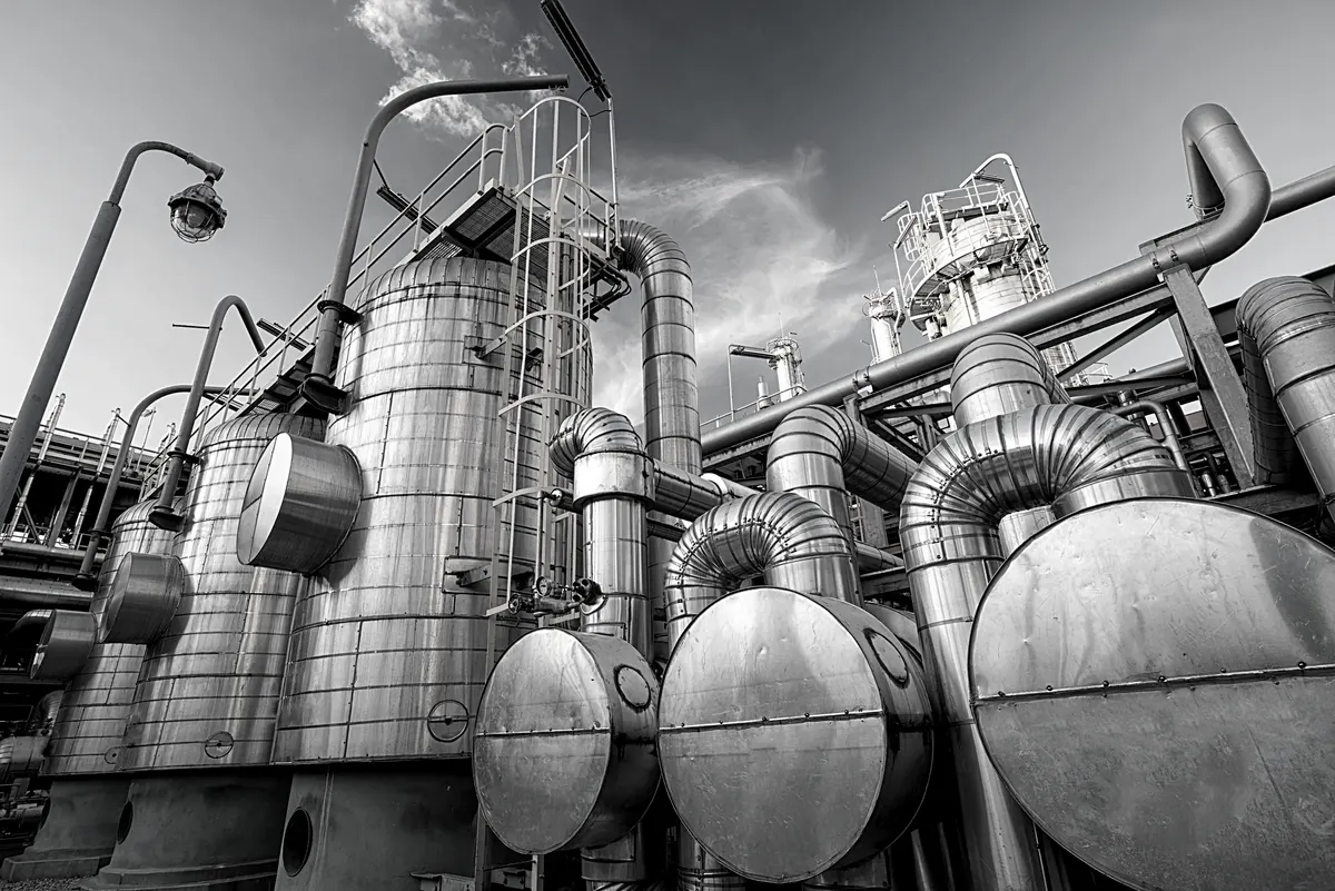 Steel storage tanks and pipework at a fuel plant